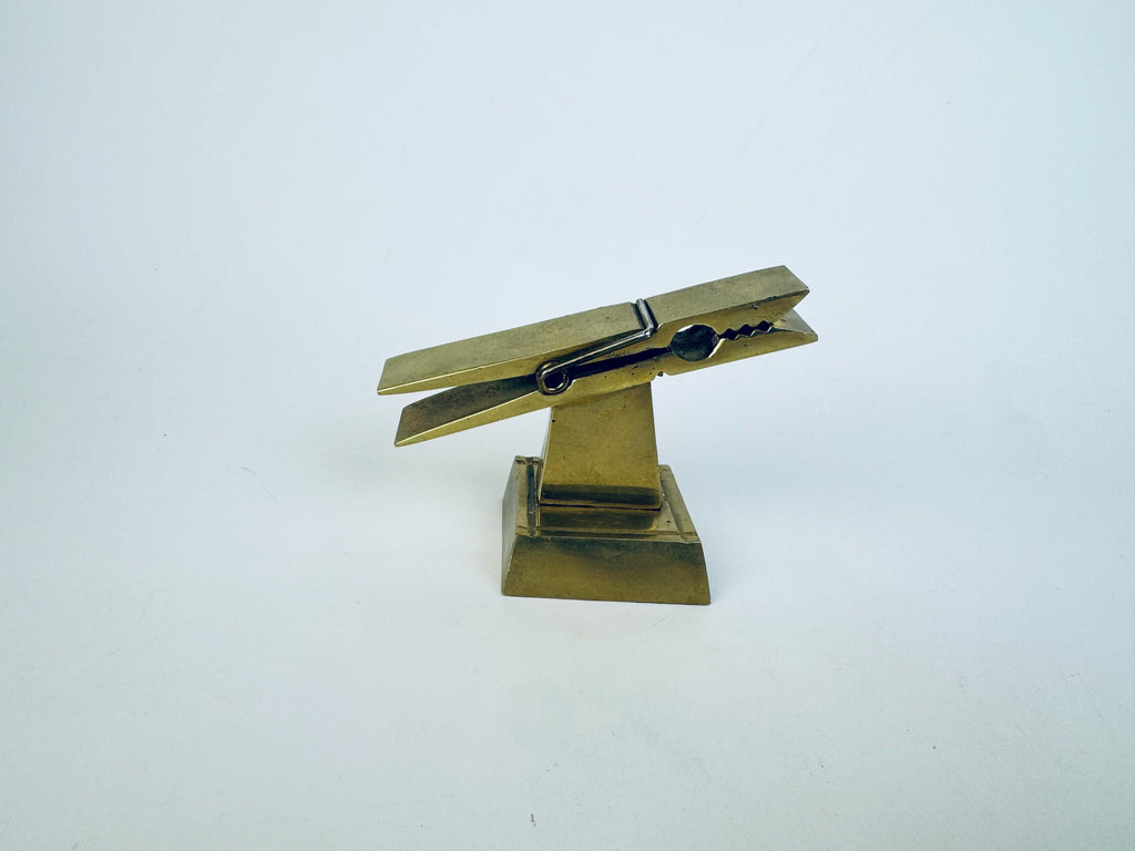 Vintage 1970s Solid Brass Desk Clip Sculpture  Gold Metal Note Holder Paperweight