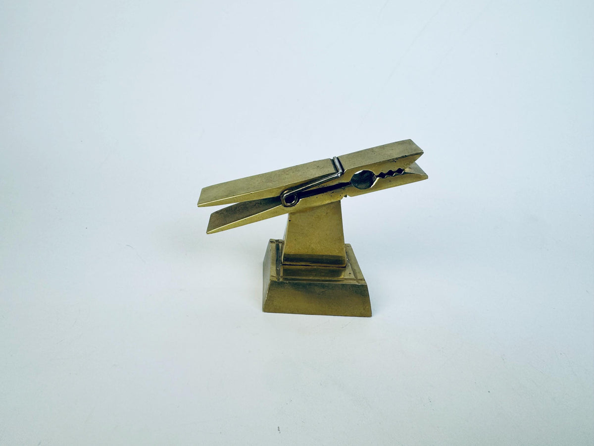 Vintage 1970s Solid Brass Desk Clip Sculpture  Gold Metal Note Holder Paperweight