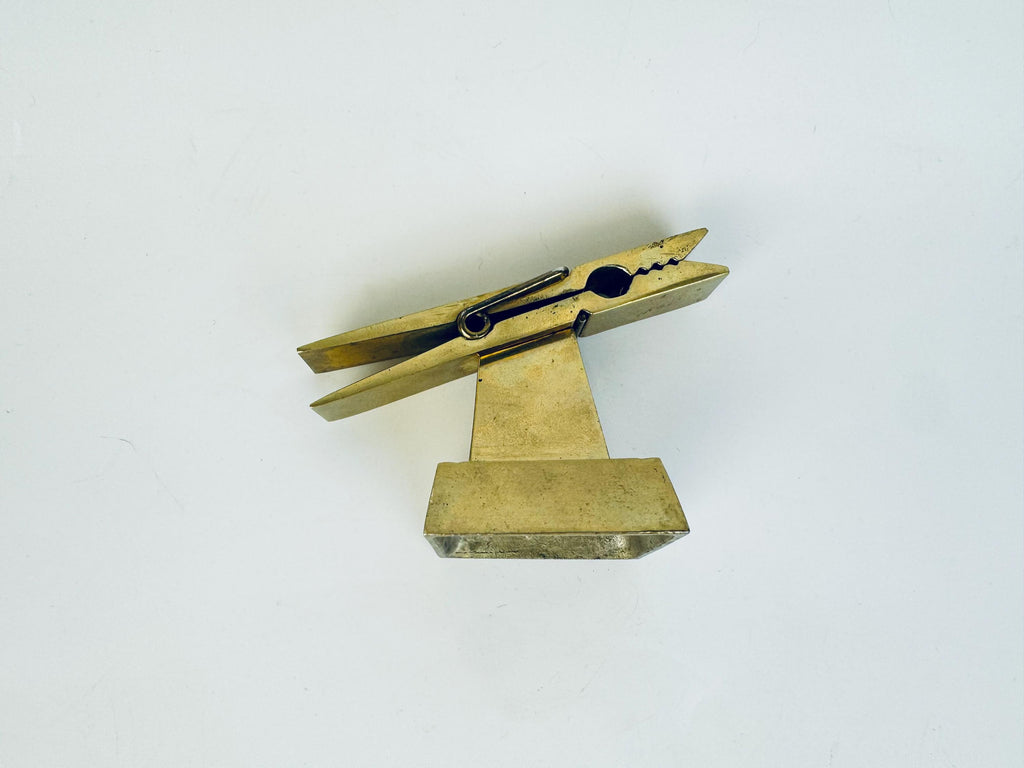 Vintage 1970s Solid Brass Desk Clip Sculpture  Gold Metal Note Holder Paperweight