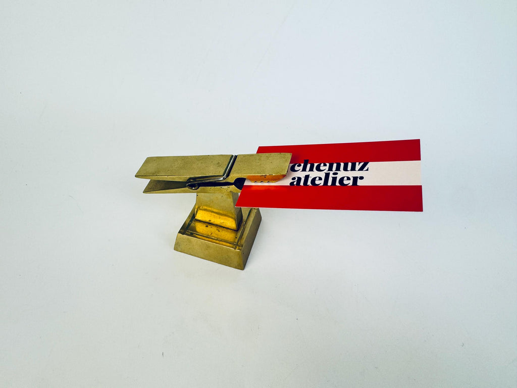 Vintage 1970s Solid Brass Desk Clip Sculpture  Gold Metal Note Holder Paperweight