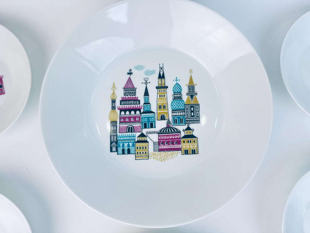 Vintage 1970s White German Porcelain City Scene Dessert Bowl Set