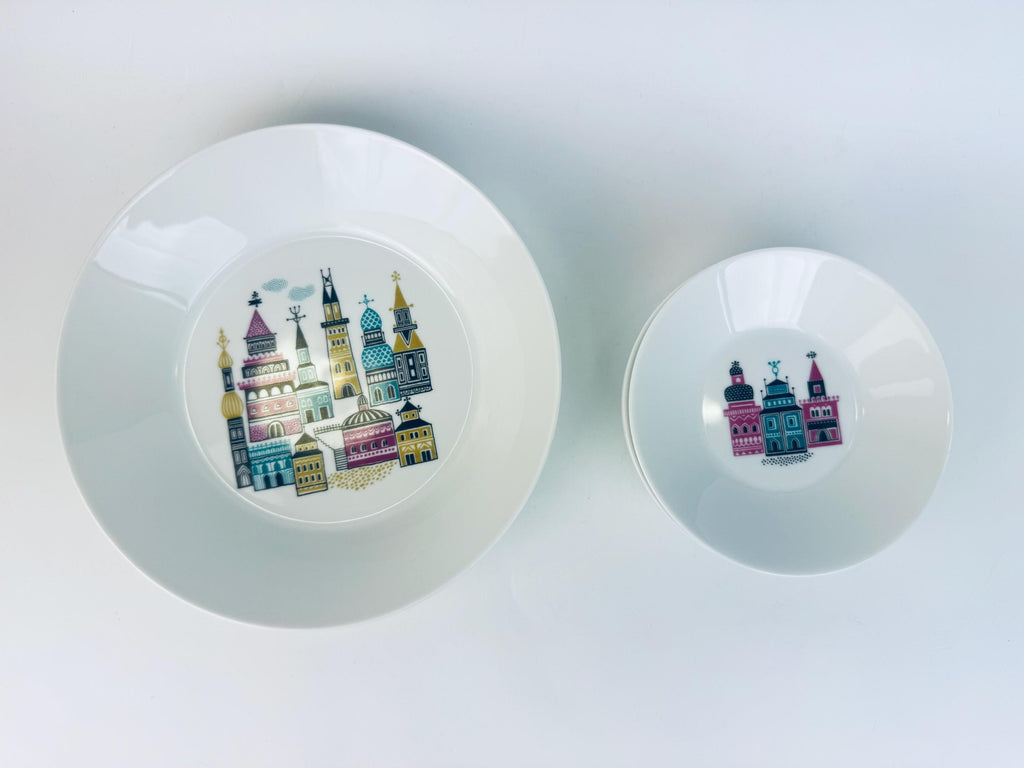 Vintage 1970s White German Porcelain City Scene Dessert Bowl Set