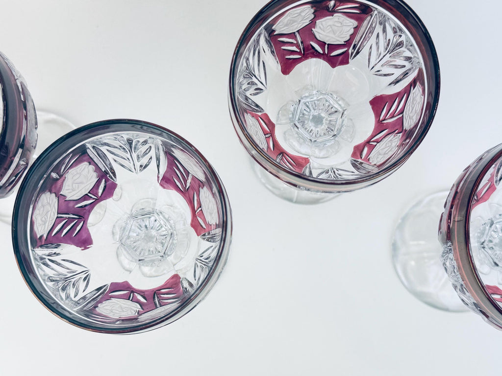 Vintage Ruby Flash Cut Glass 1970s Rose Stemware Wine Goblets Set