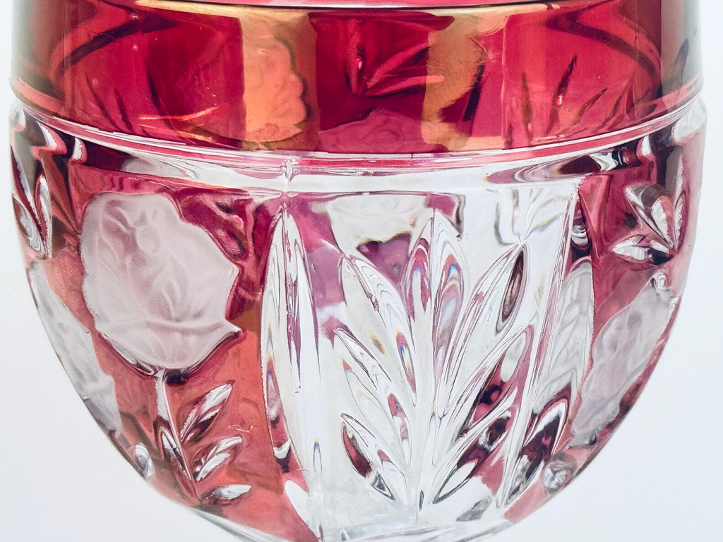 Vintage Ruby Flash Cut Glass 1970s Rose Stemware Wine Goblets Set