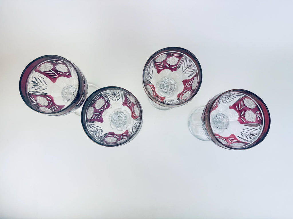 Vintage Ruby Flash Cut Glass 1970s Rose Stemware Wine Goblets Set