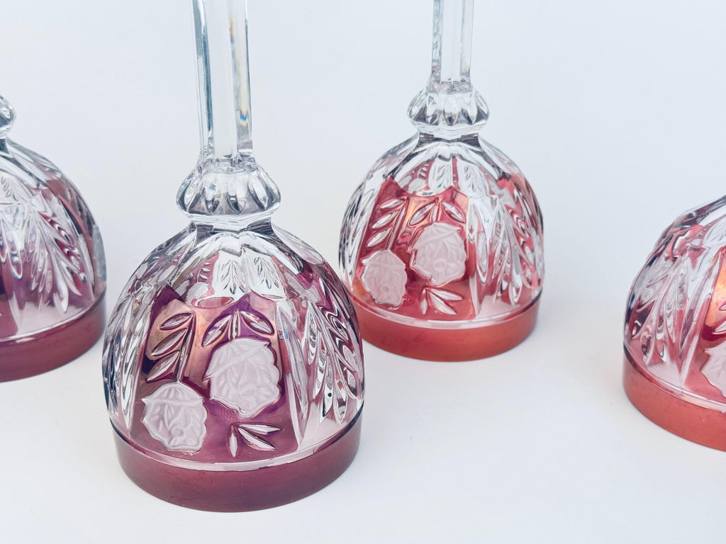 Vintage Ruby Flash Cut Glass 1970s Rose Stemware Wine Goblets Set