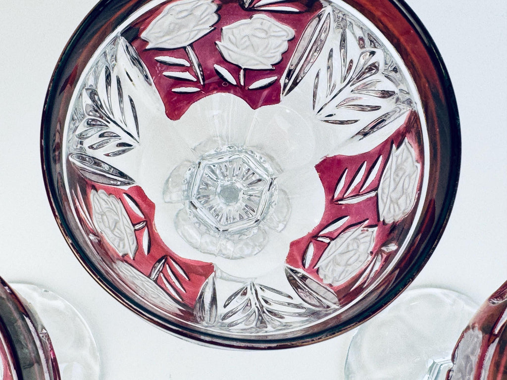 Vintage Ruby Flash Cut Glass 1970s Rose Stemware Wine Goblets Set