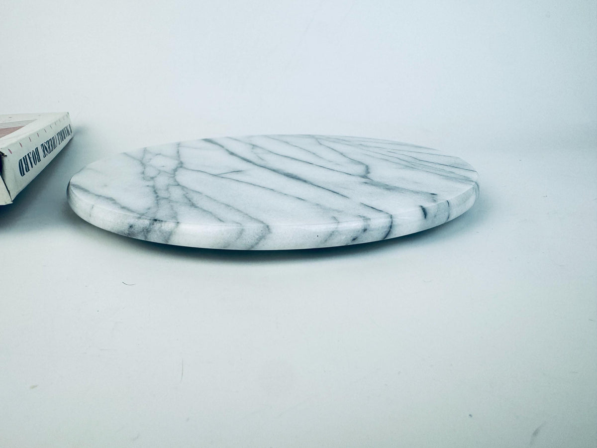 Vintage  1980s White & Grey Round Marble Cheese Boar - 8 Inch Italian Luxe Serving Platter