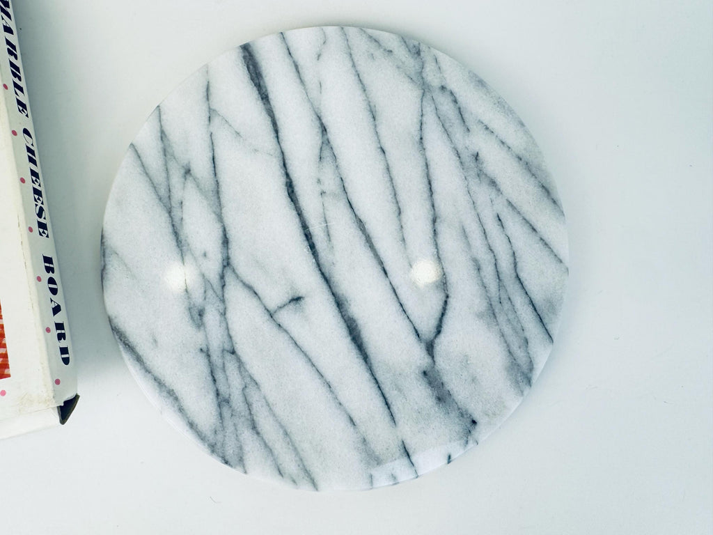 Vintage  1980s White & Grey Round Marble Cheese Boar - 8 Inch Italian Luxe Serving Platter