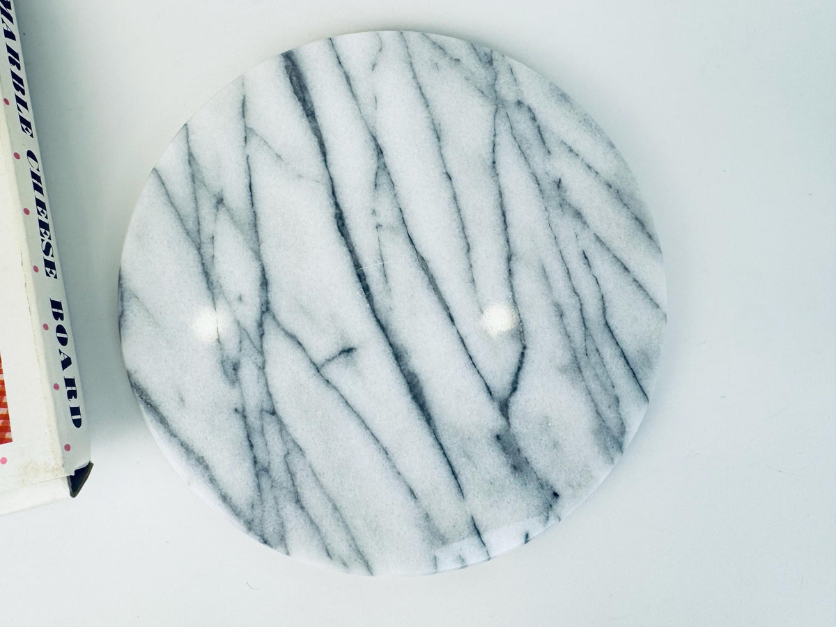 Vintage  1980s White & Grey Round Marble Cheese Boar - 8 Inch Italian Luxe Serving Platter