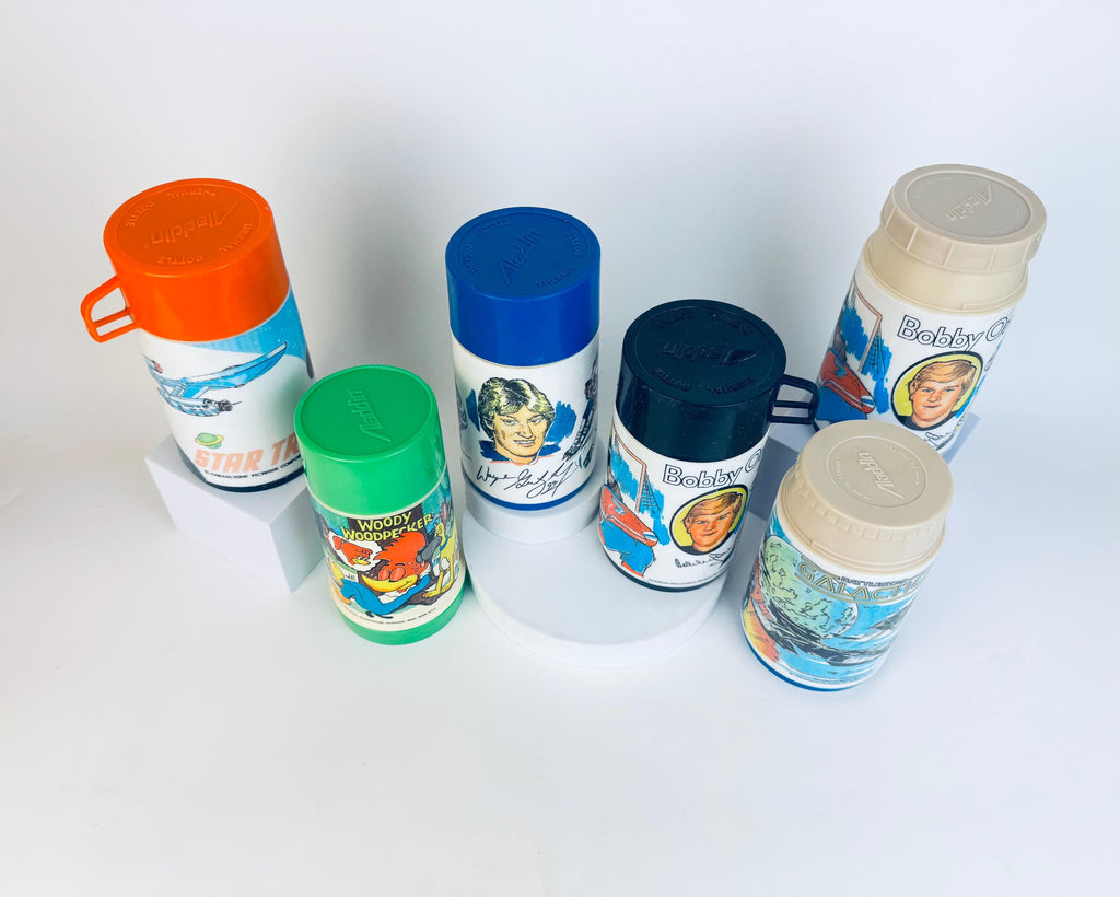 Vintage 1970s Aladdin insulated kids thermos  Star Trek  Woody Woodpecker  Bobby Orr  Wayne Gretzky  Battlestar Galactica designs