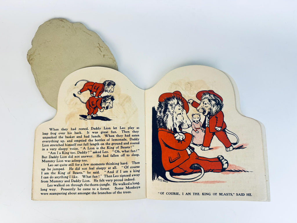 Antique 1913 Louis Wain “The Tale of Leo Lion Valentine & Sons Book Toy  Moveable Eyes + Head  Edwardian Childrens Collectible