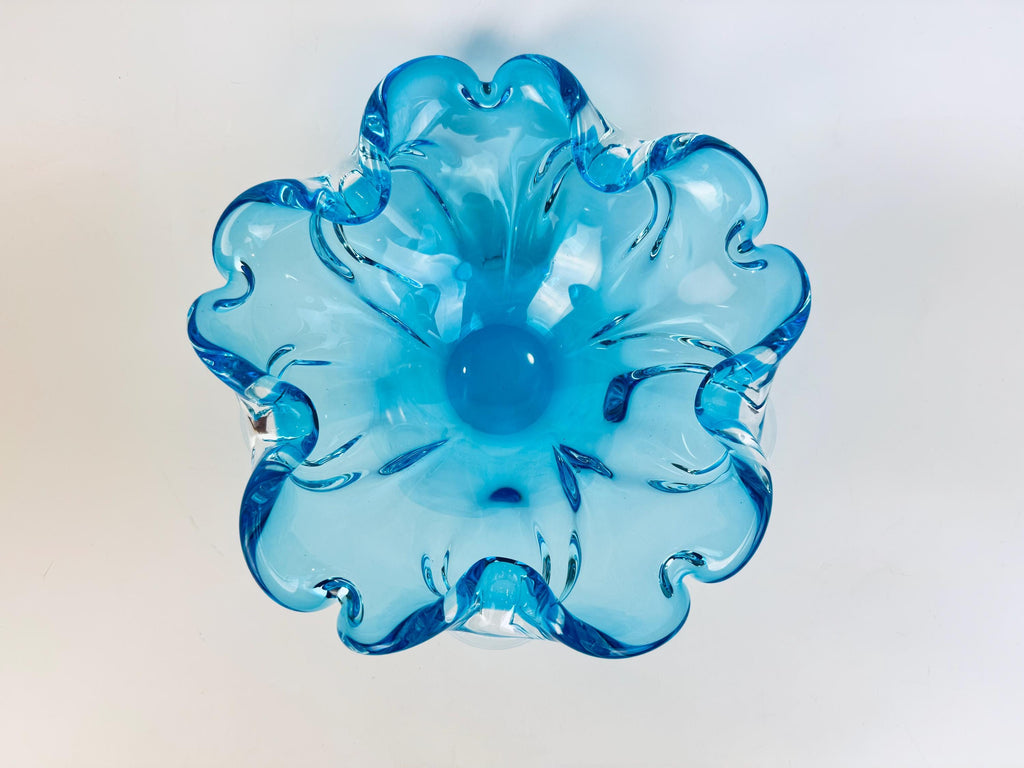 Vintage Aqua Blue Chalet-Style Art Glass Bowl 1960s Canadian Freeform Centrepiece