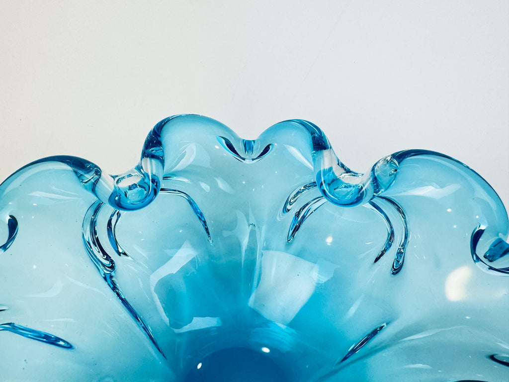 Vintage Aqua Blue Chalet-Style Art Glass Bowl 1960s Canadian Freeform Centrepiece