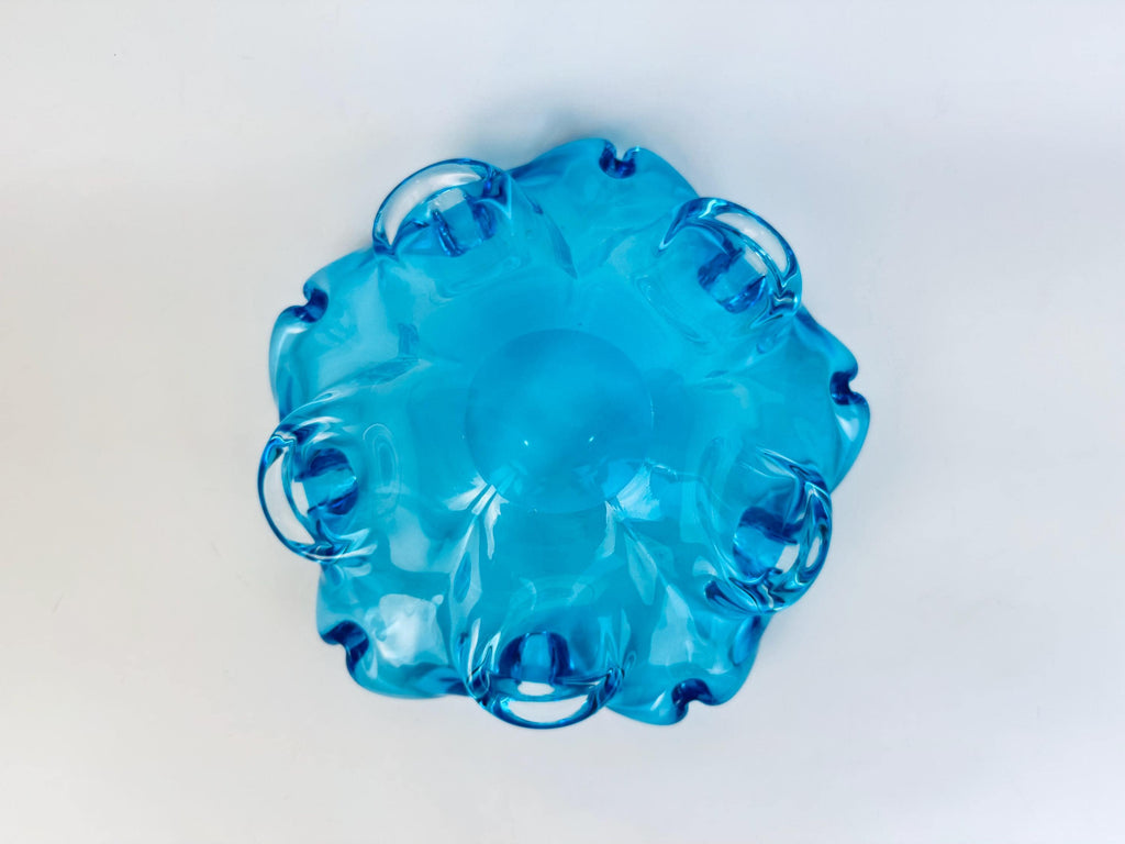 Vintage Aqua Blue Chalet-Style Art Glass Bowl 1960s Canadian Freeform Centrepiece