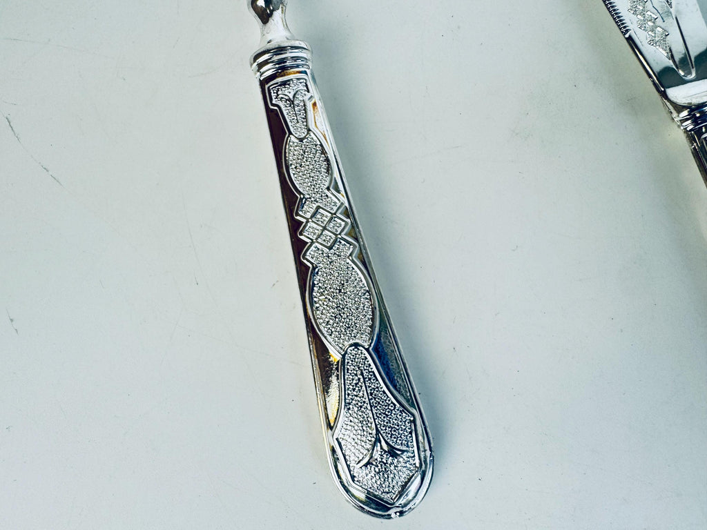 Vintage 1970s Silcraft E.P. Zinc Silver Tone Serving Set  Knife, Fork & Cake Server from Woodwards Canada