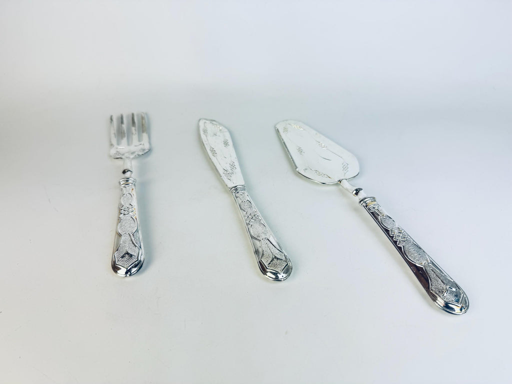 Vintage 1970s Silcraft E.P. Zinc Silver Tone Serving Set  Knife, Fork & Cake Server from Woodwards Canada