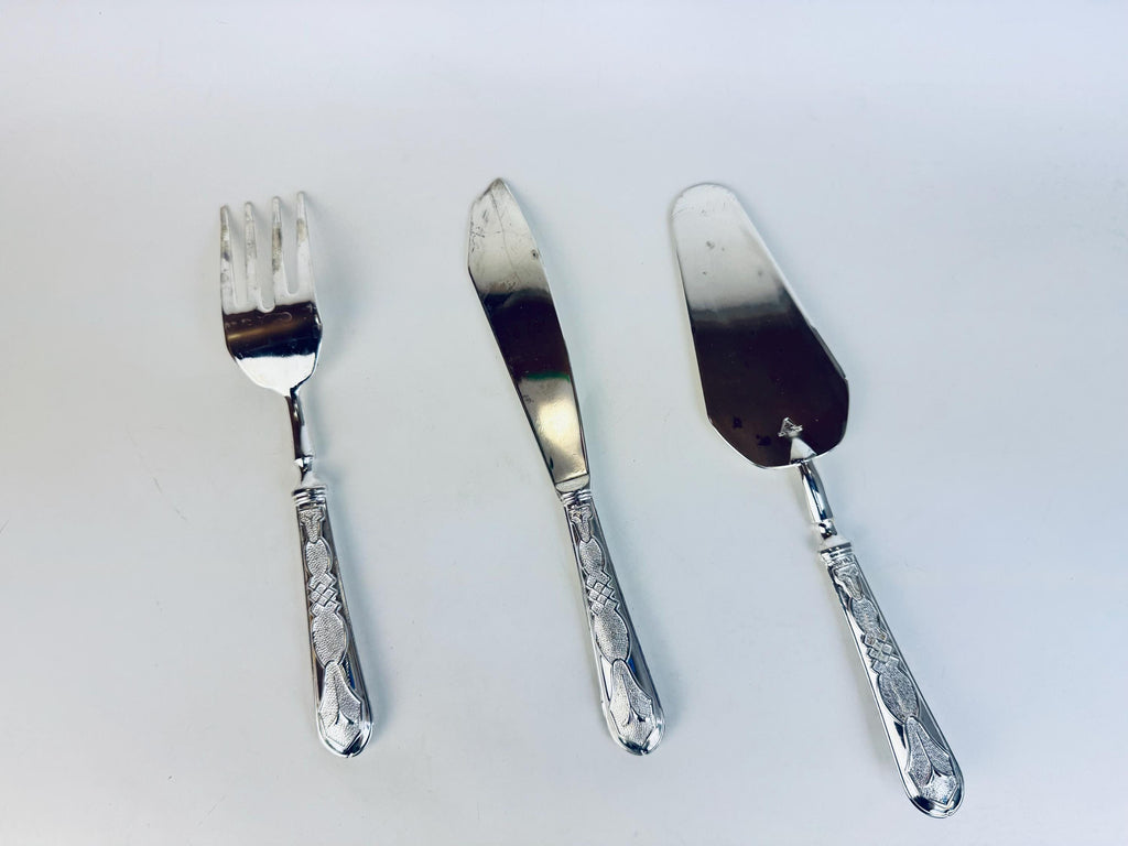 Vintage 1970s Silcraft E.P. Zinc Silver Tone Serving Set  Knife, Fork & Cake Server from Woodwards Canada