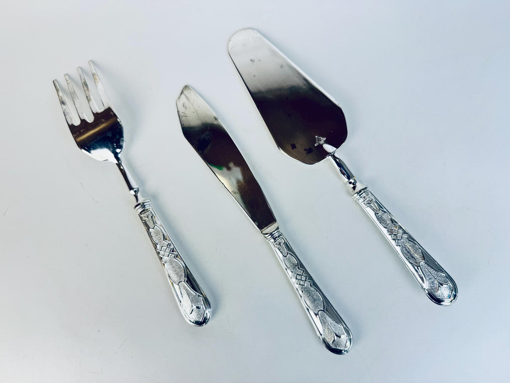 Vintage 1970s Silcraft E.P. Zinc Silver Tone Serving Set  Knife, Fork & Cake Server from Woodwards Canada