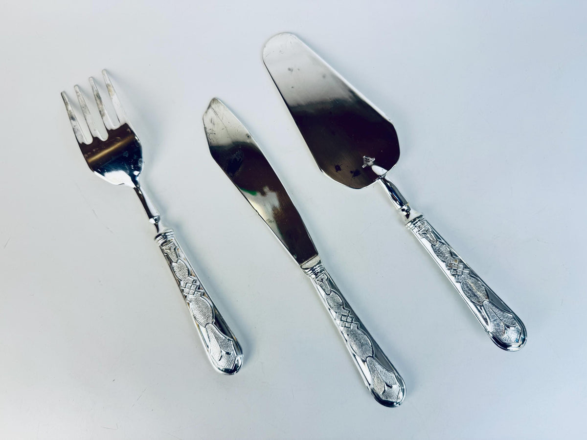 Vintage 1970s Silcraft E.P. Zinc Silver Tone Serving Set  Knife, Fork & Cake Server from Woodwards Canada