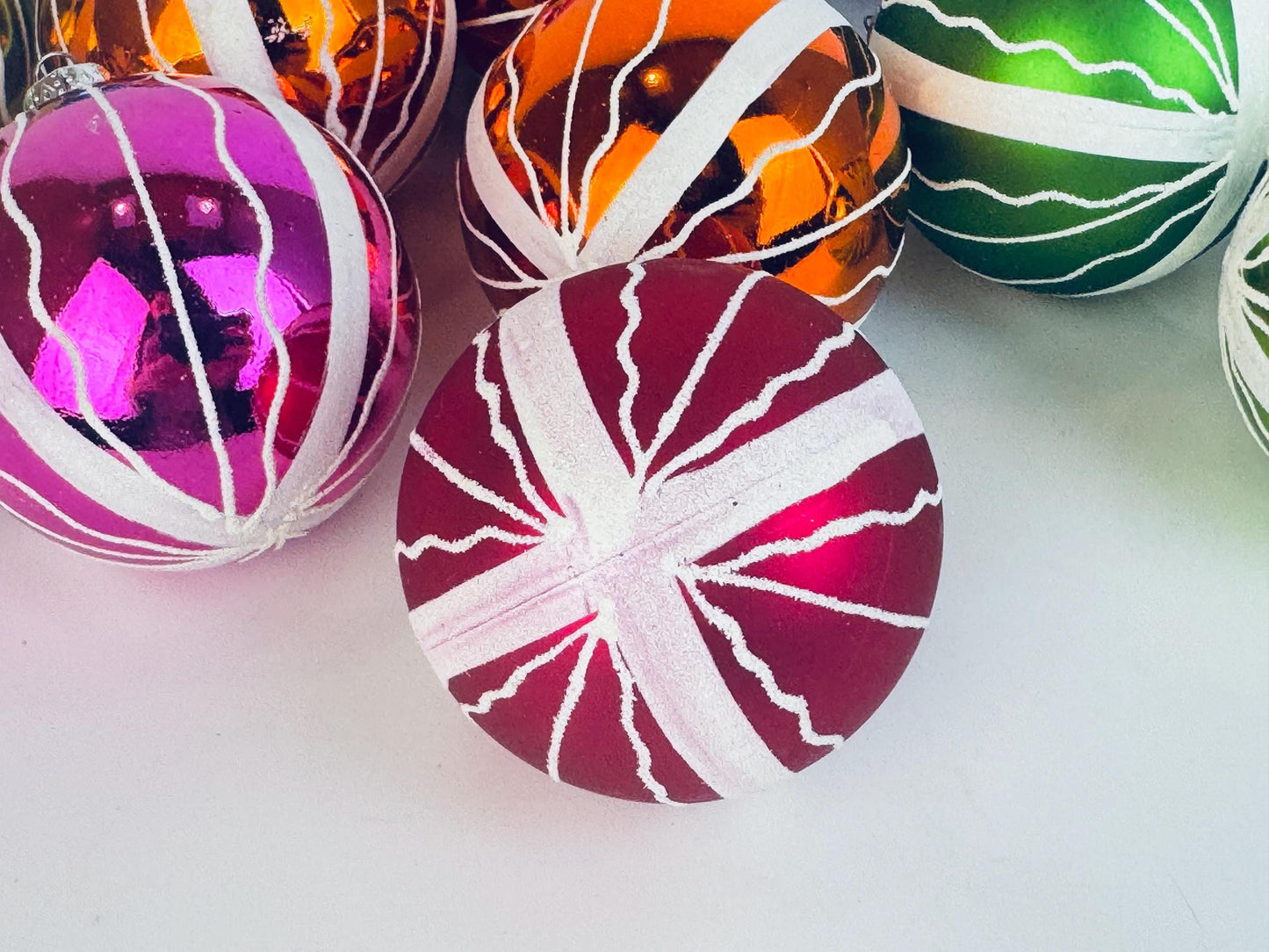 Vintage Hand-Painted 1970s Plastic Christmas Ornaments Multi-Colour Ball - Set of 12