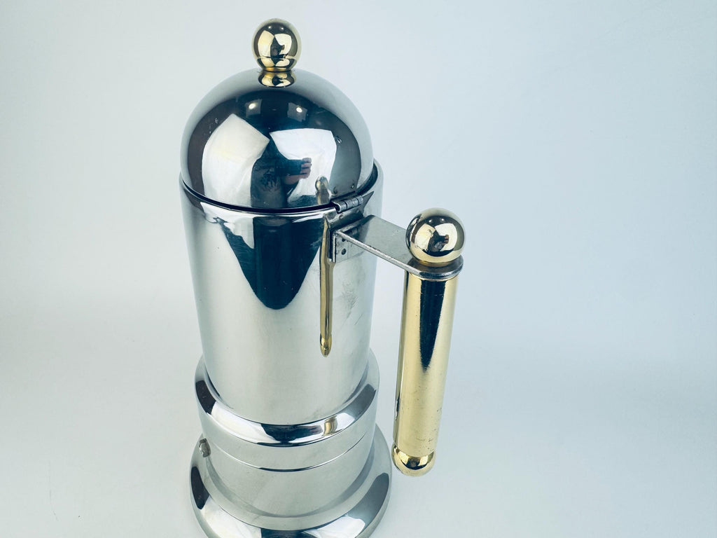 Vintage Vev Viganò Kontessa 'INOX' Italian 18/10 Silver Stainless Steel & Gold Italian Stovetop Espresso Maker - Made In Italy