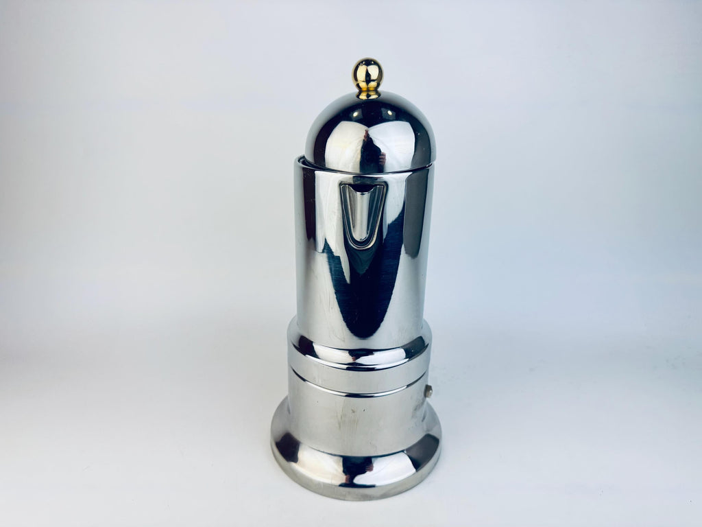 Vintage Vev Viganò Kontessa 'INOX' Italian 18/10 Silver Stainless Steel & Gold Italian Stovetop Espresso Maker - Made In Italy