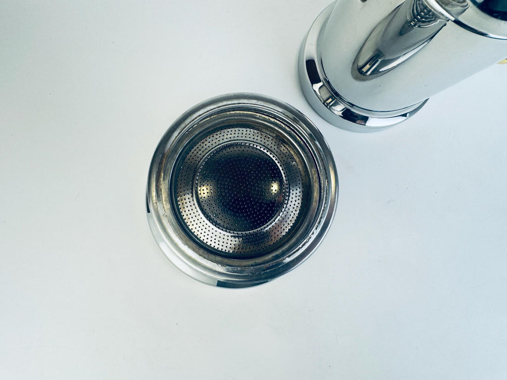 Vintage Vev Viganò Kontessa 'INOX' Italian 18/10 Silver Stainless Steel & Gold Italian Stovetop Espresso Maker - Made In Italy