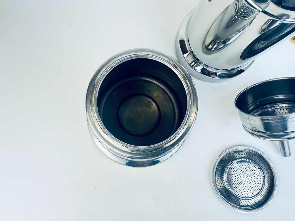 Vintage Vev Viganò Kontessa 'INOX' Italian 18/10 Silver Stainless Steel & Gold Italian Stovetop Espresso Maker - Made In Italy