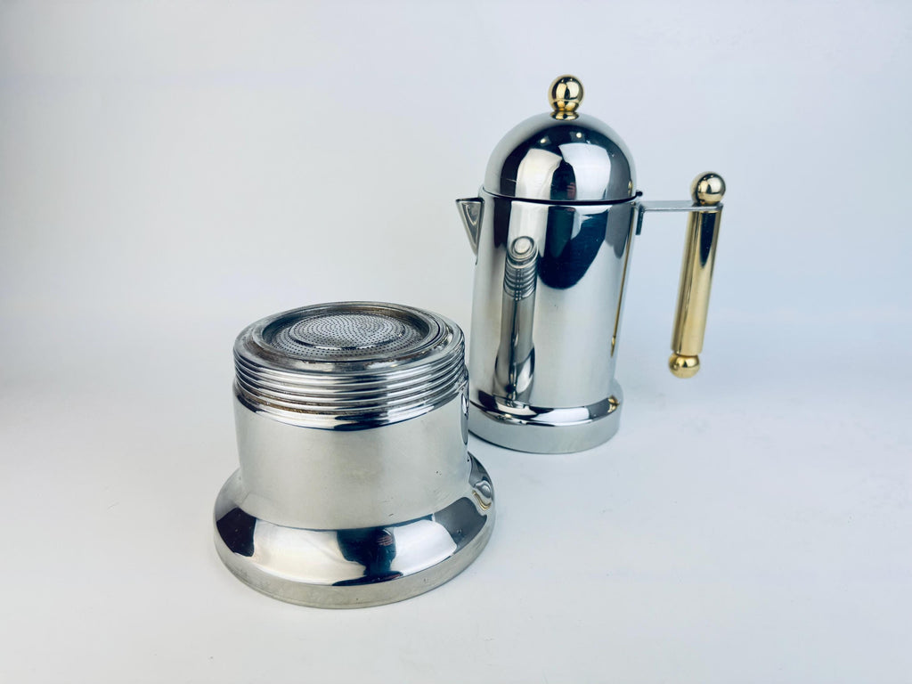 Vintage Vev Viganò Kontessa 'INOX' Italian 18/10 Silver Stainless Steel & Gold Italian Stovetop Espresso Maker - Made In Italy