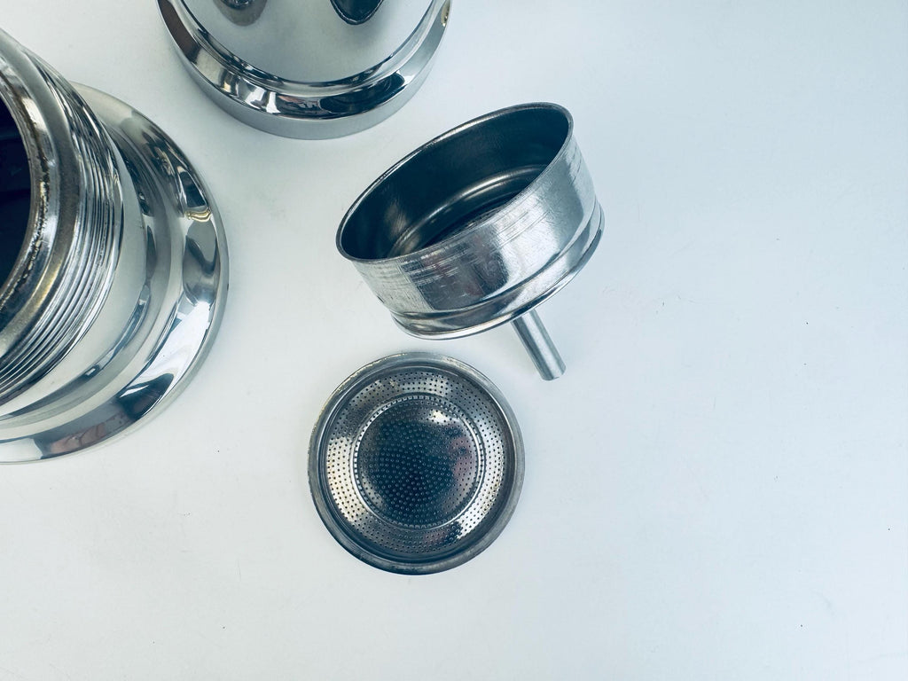 Vintage Vev Viganò Kontessa 'INOX' Italian 18/10 Silver Stainless Steel & Gold Italian Stovetop Espresso Maker - Made In Italy