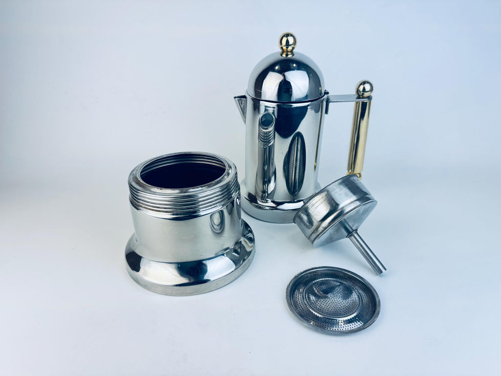 Vintage Vev Viganò Kontessa 'INOX' Italian 18/10 Silver Stainless Steel & Gold Italian Stovetop Espresso Maker - Made In Italy