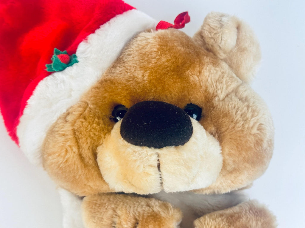 Vintage 1980's Plush Bear Christmas Stocking - Red & White Faux-Fur - Made in Korea - Sold Separately
