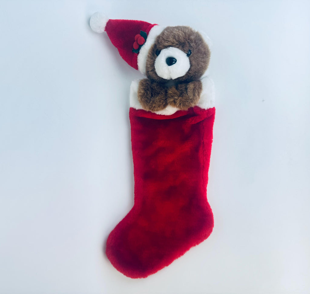Vintage 1980's Plush Bear Christmas Stocking - Red & White Faux-Fur - Made in Korea - Sold Separately