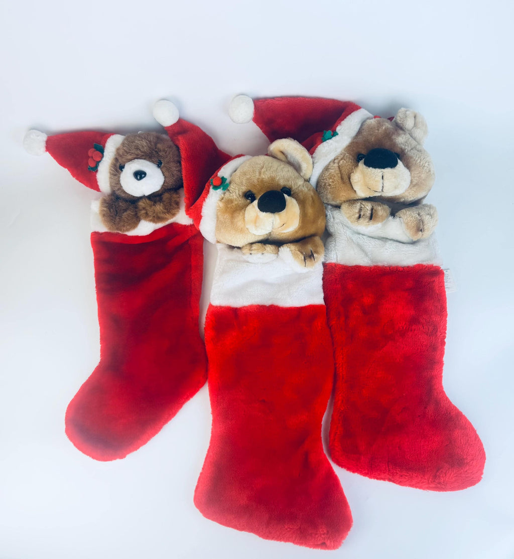 Vintage 1980's Plush Bear Christmas Stocking - Red & White Faux-Fur - Made in Korea - Sold Separately