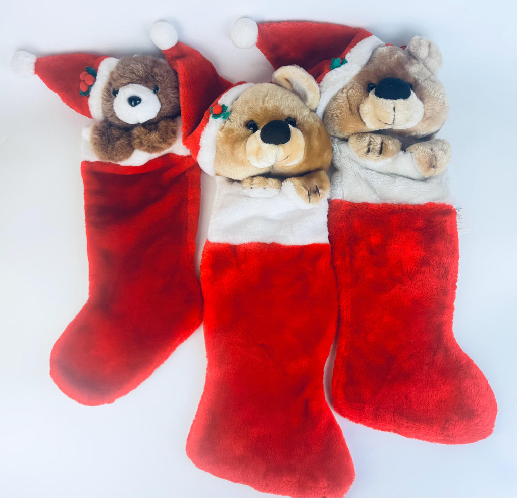 Vintage 1980's Plush Bear Christmas Stocking - Red & White Faux-Fur - Made in Korea - Sold Separately