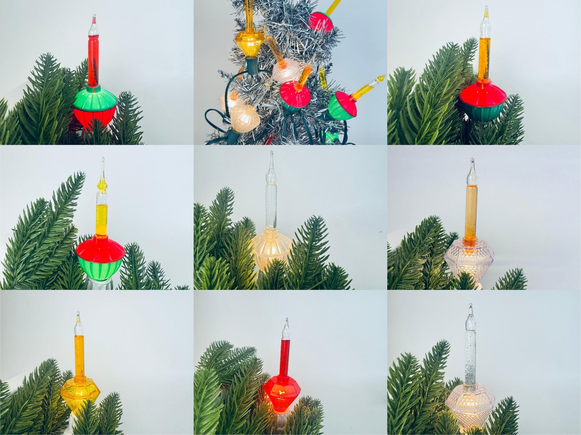 A nine-image collage of assorted vintage 1970s bubble lights displayed on artificial pine branches and a silver tinsel tree, featuring various colours and styles including red, green, yellow, clear, and amber liquid-filled tubes with ribbed or faceted acrylic bases, each glowing warmly to showcase their retro holiday design.