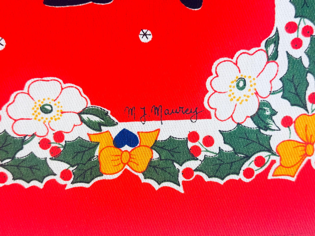 Vintage 1980s 'Tag House' Italian Cotton Holiday Kitchen Towel Red Village Scene - Made In Italy