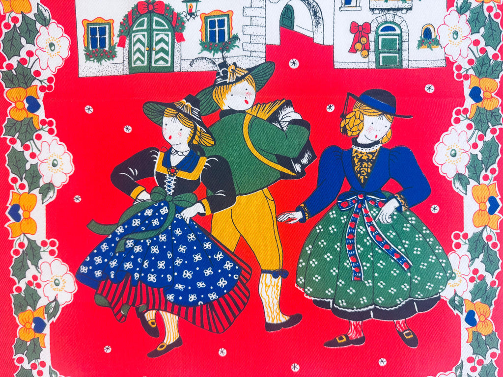 Vintage 1980s 'Tag House' Italian Cotton Holiday Kitchen Towel Red Village Scene - Made In Italy