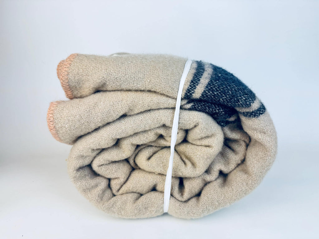 Vintage 1950s Beige Wool-Blend Hercules Camp Blanket with Indigo Stripe - 78×87