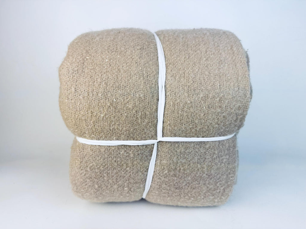 Vintage 1950s Beige Wool-Blend Hercules Camp Blanket with Indigo Stripe - 78×87