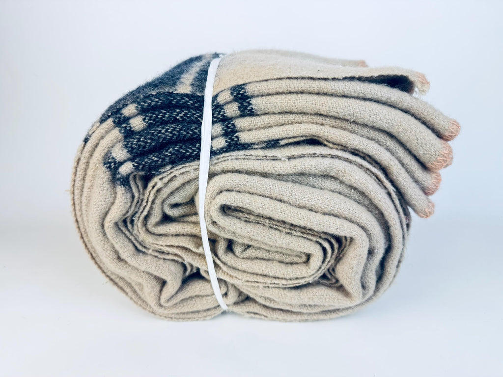 Vintage 1950s Beige Wool-Blend Hercules Camp Blanket with Indigo Stripe - 78×87