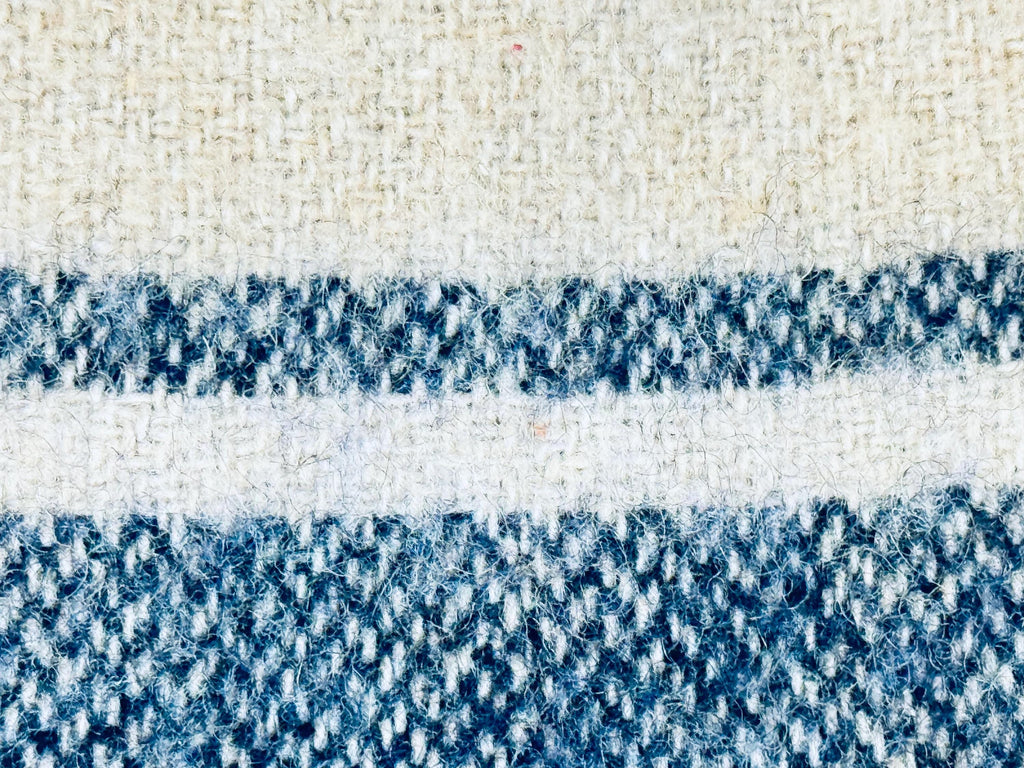 Vintage 1950s Beige Wool-Blend Hercules Camp Blanket with Indigo Stripe - 78×87