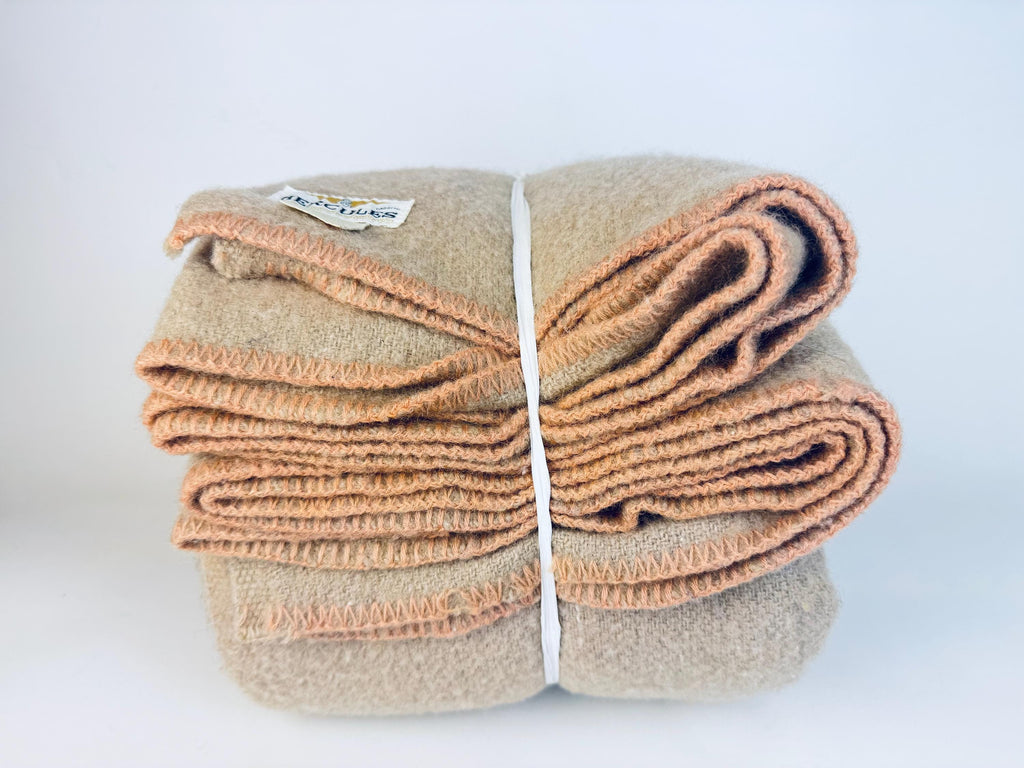 Vintage 1950s Beige Wool-Blend Hercules Camp Blanket with Indigo Stripe - 78×87