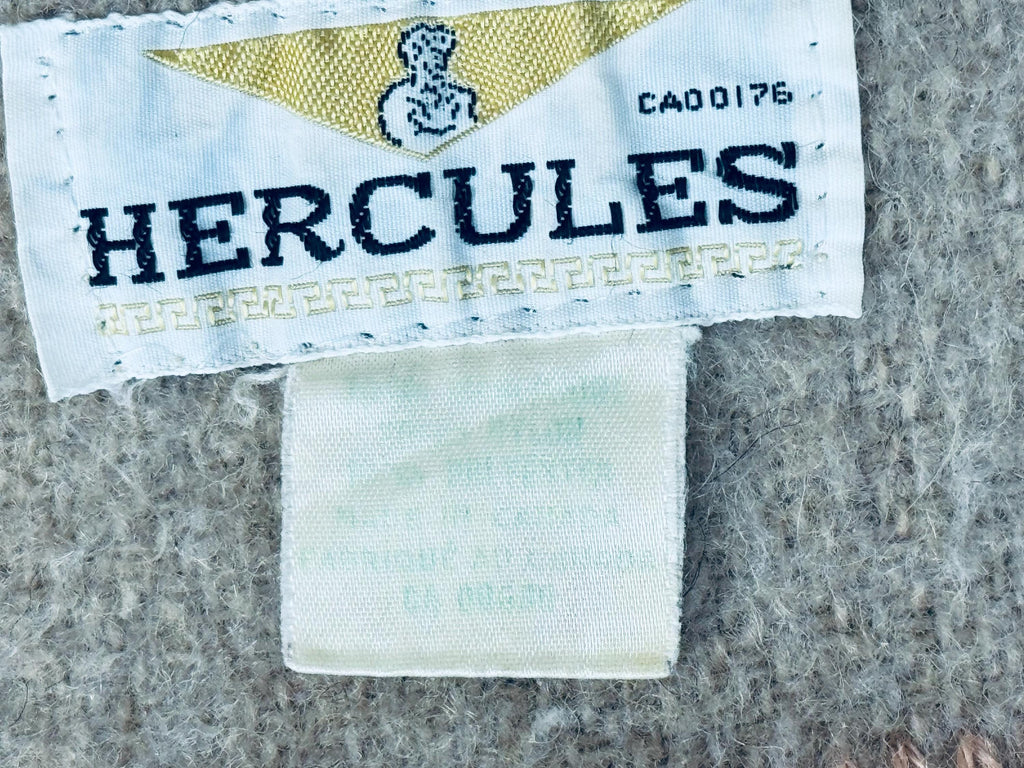 Vintage 1950s Beige Wool-Blend Hercules Camp Blanket with Indigo Stripe - 78×87