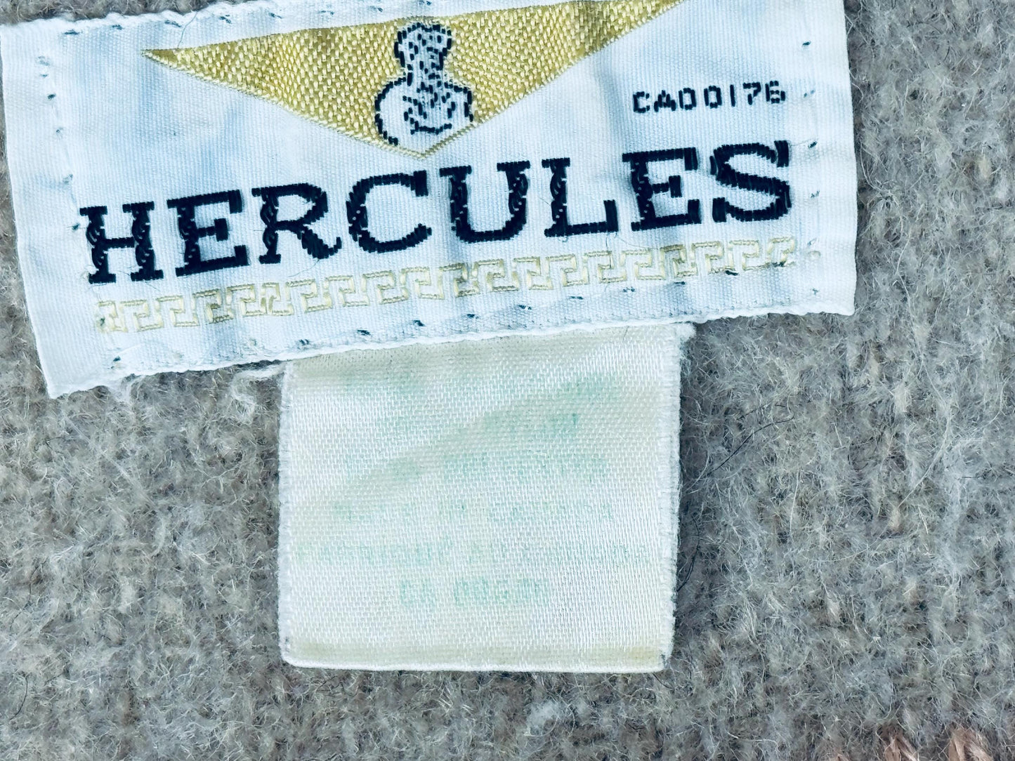 Vintage 1950s Beige Wool-Blend Hercules Camp Blanket with Indigo Stripe - 78×87