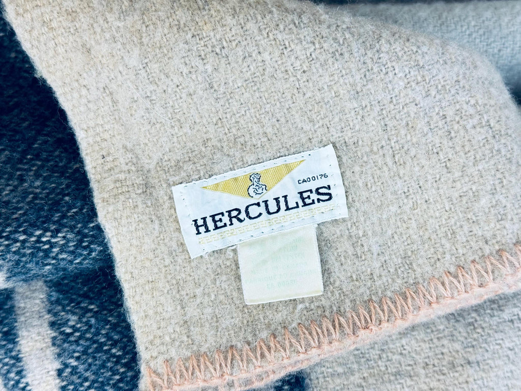 Vintage 1950s Beige Wool-Blend Hercules Camp Blanket with Indigo Stripe - 78×87