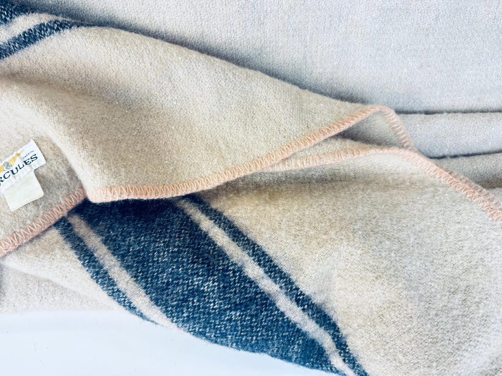 Vintage 1950s Beige Wool-Blend Hercules Camp Blanket with Indigo Stripe - 78×87