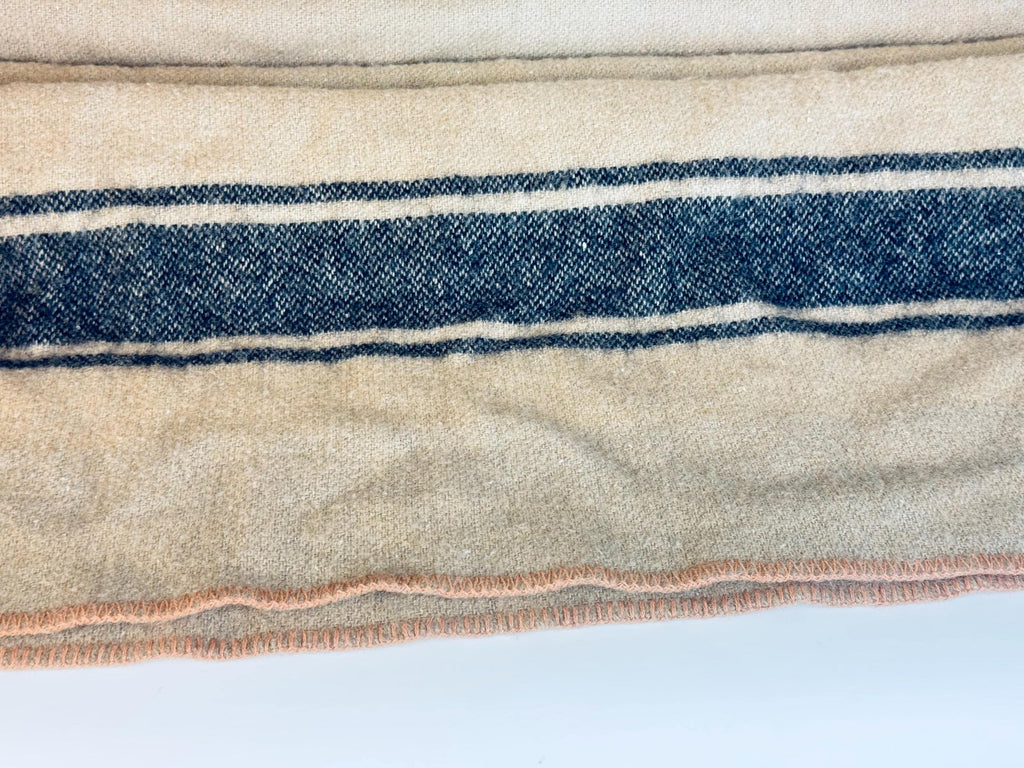 Vintage 1950s Beige Wool-Blend Hercules Camp Blanket with Indigo Stripe - 78×87