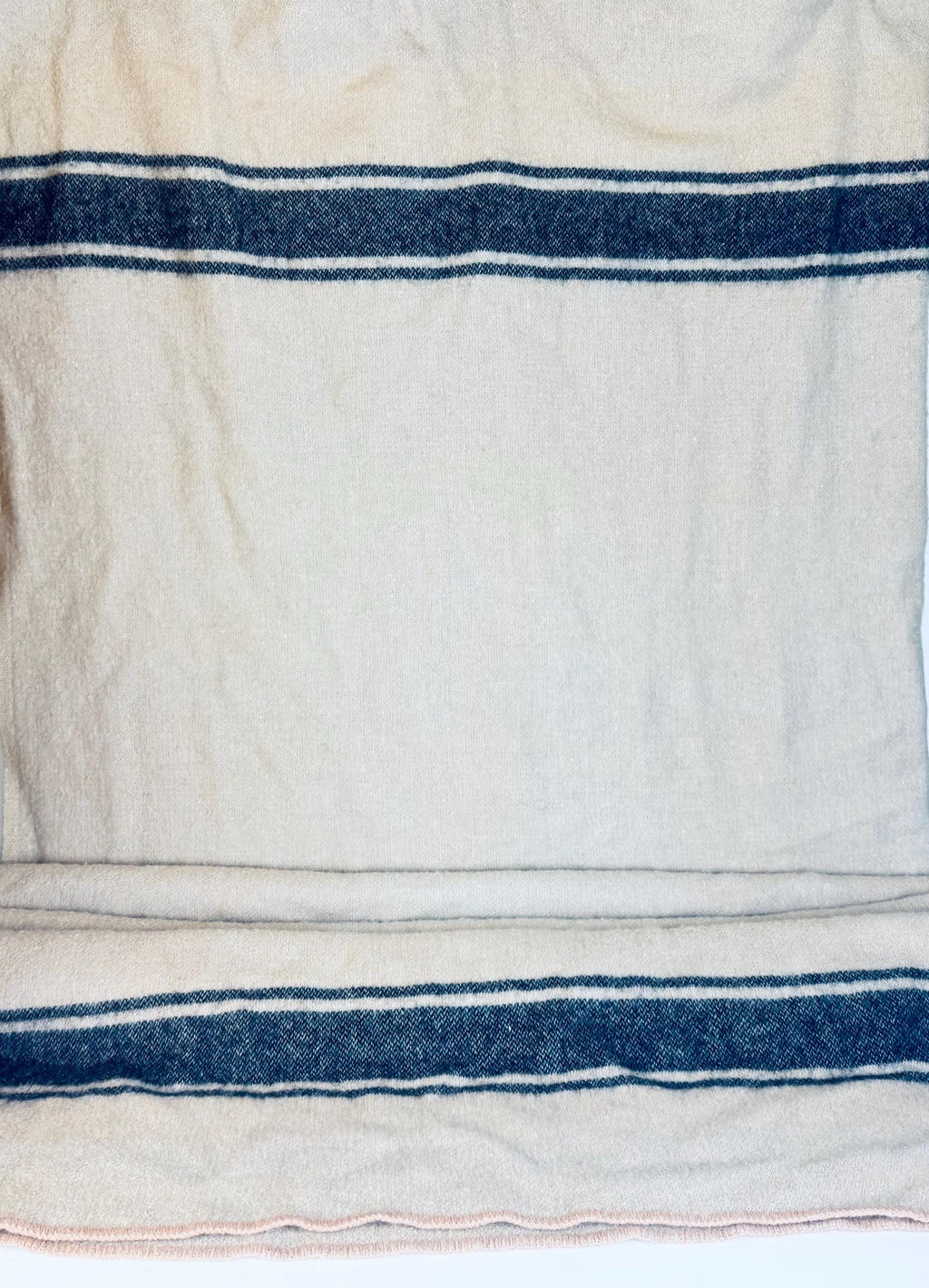 Vintage 1950s Beige Wool-Blend Hercules Camp Blanket with Indigo Stripe - 78×87
